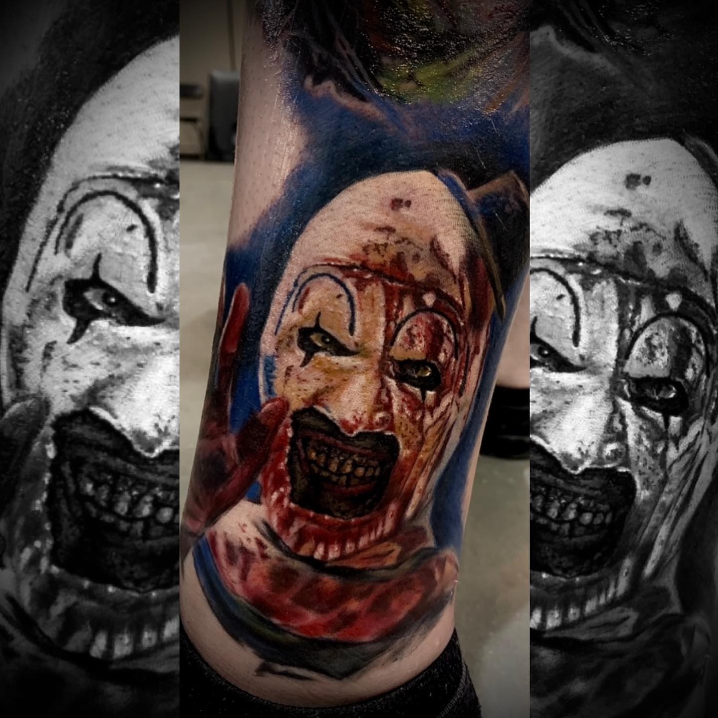 Clown face realism tattoo on the forearm by Joseph Delaparra