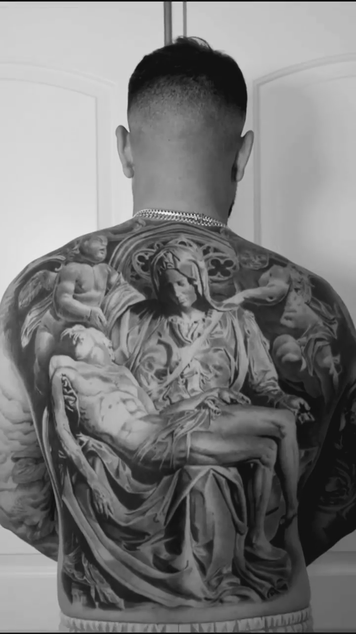 Pietà sculpture realism tattoo by Carlos Macedo Tattoo