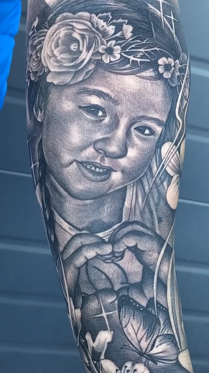 Portrait of a young girl realism tattoo by Kyle Lopez, Union City, California