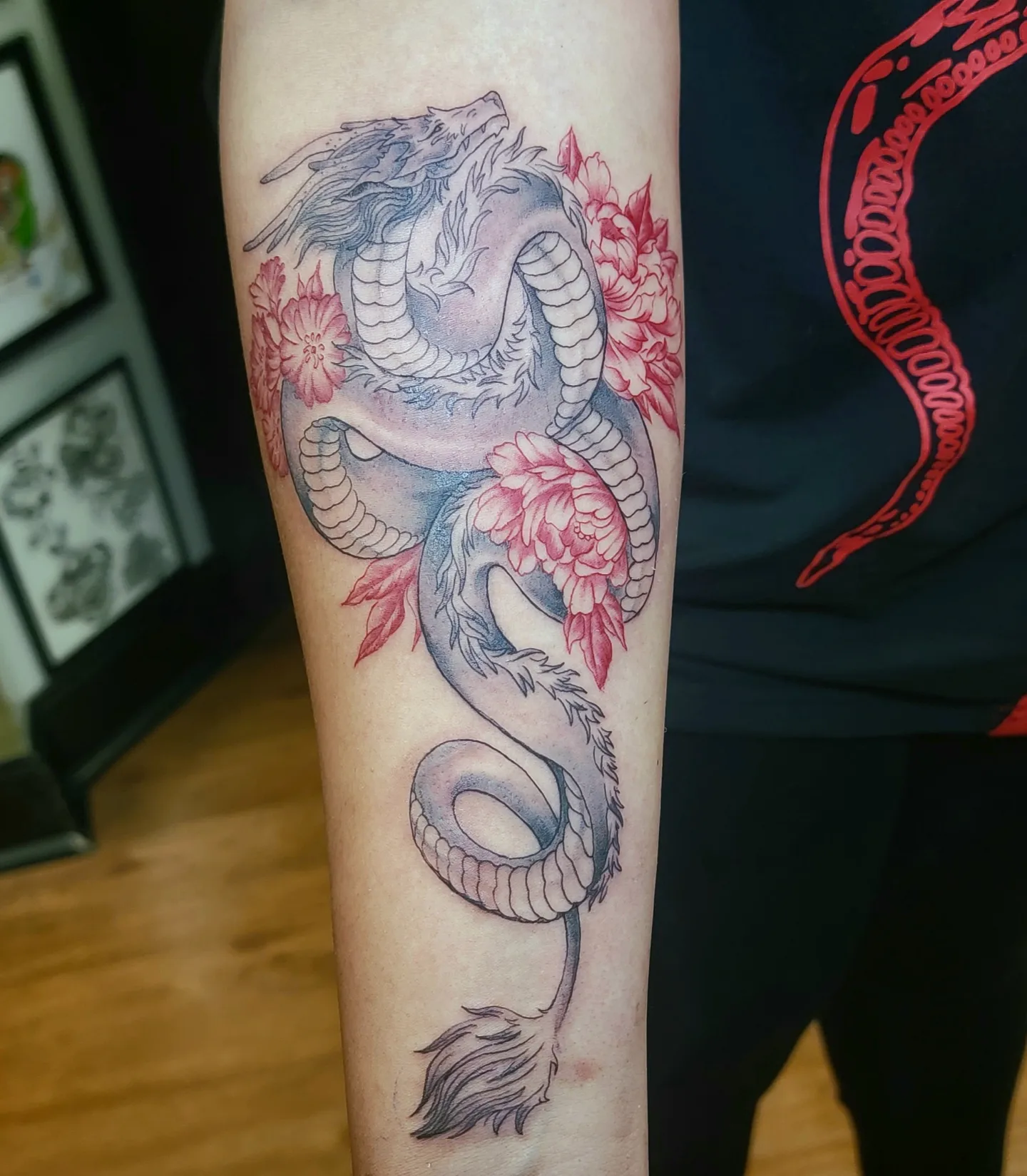 Dragon and flowers japanese irezumi tattoo on the forearm by ๐๏ธ, Ashland, Virginia
