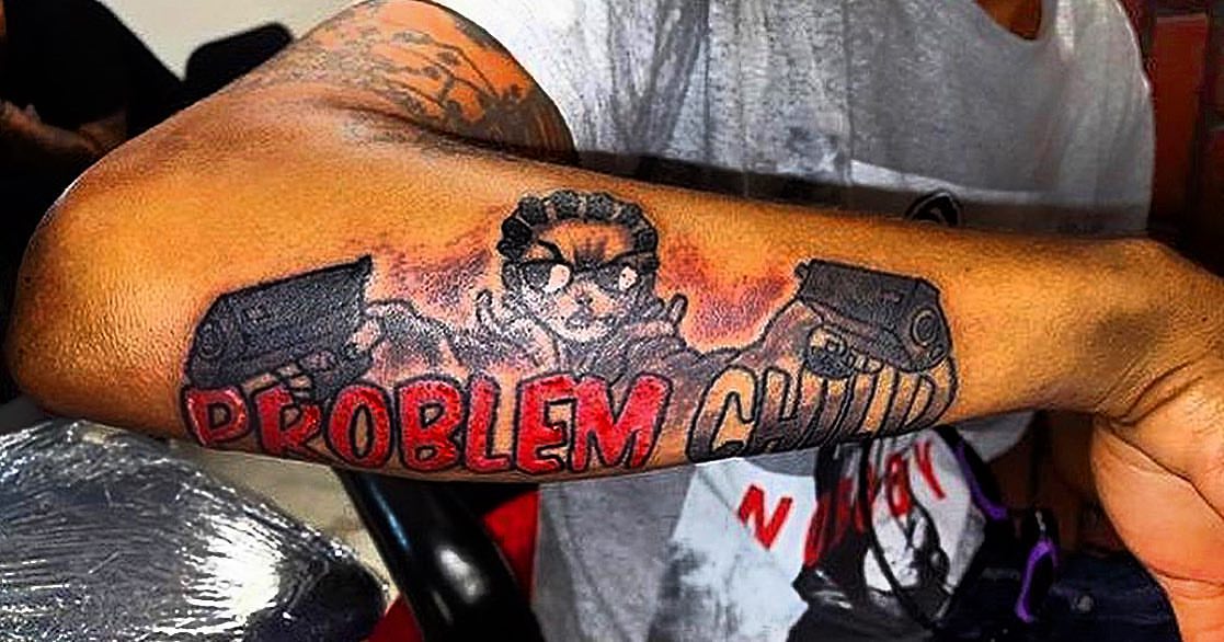 Problem Child new school tattoo on the forearm by Rell Washington, Marlow Heights, Maryland
