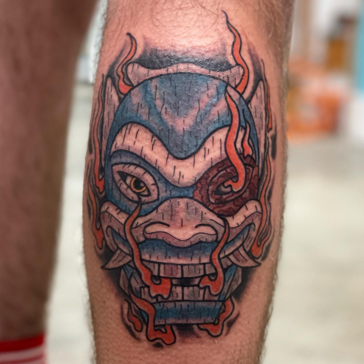 Luchador mask American traditional tattoo on the forearm by Erin Stephens