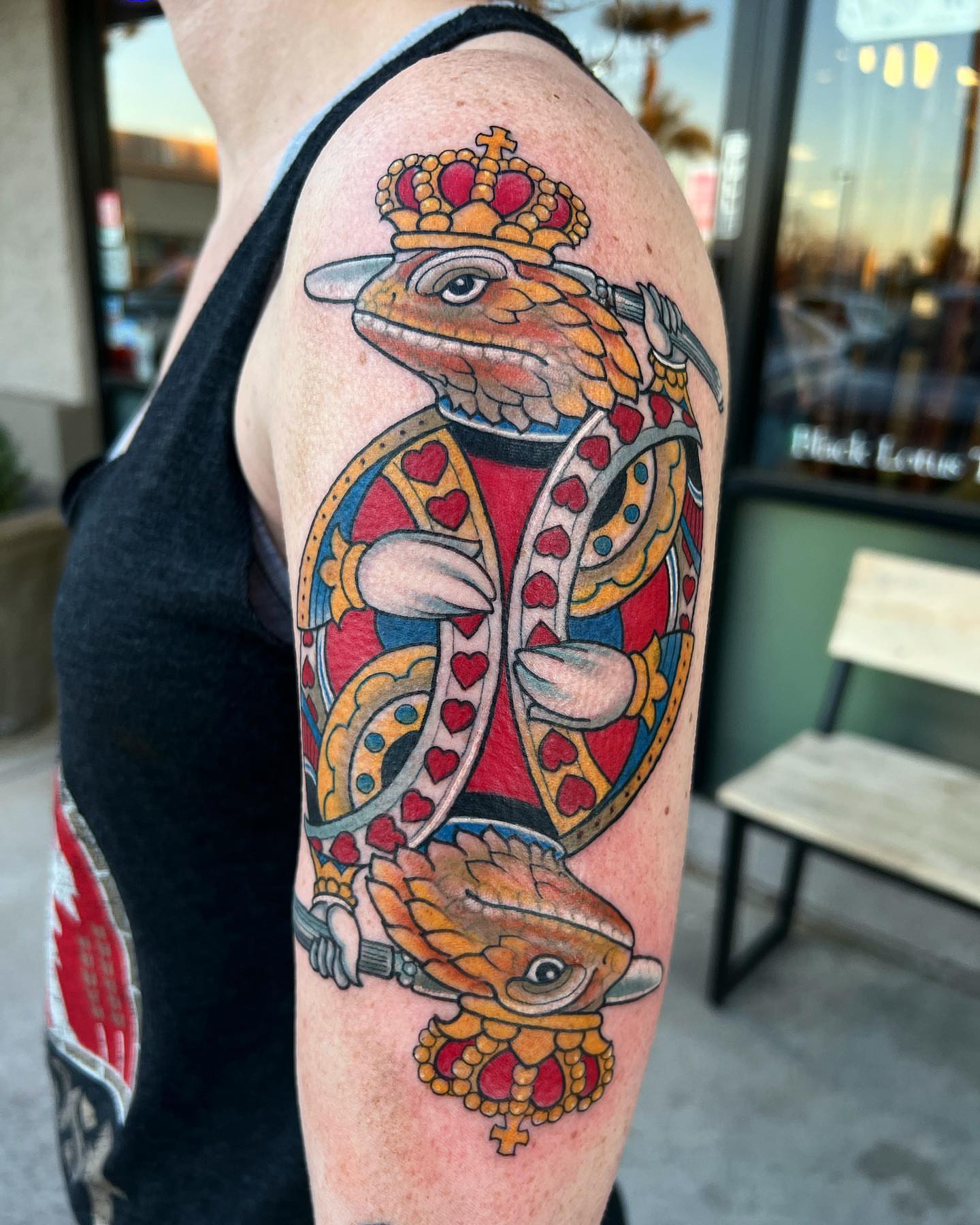 Lizard king American traditional tattoo on the forearm by Byron Winkelman, Gilbert, Arizona
