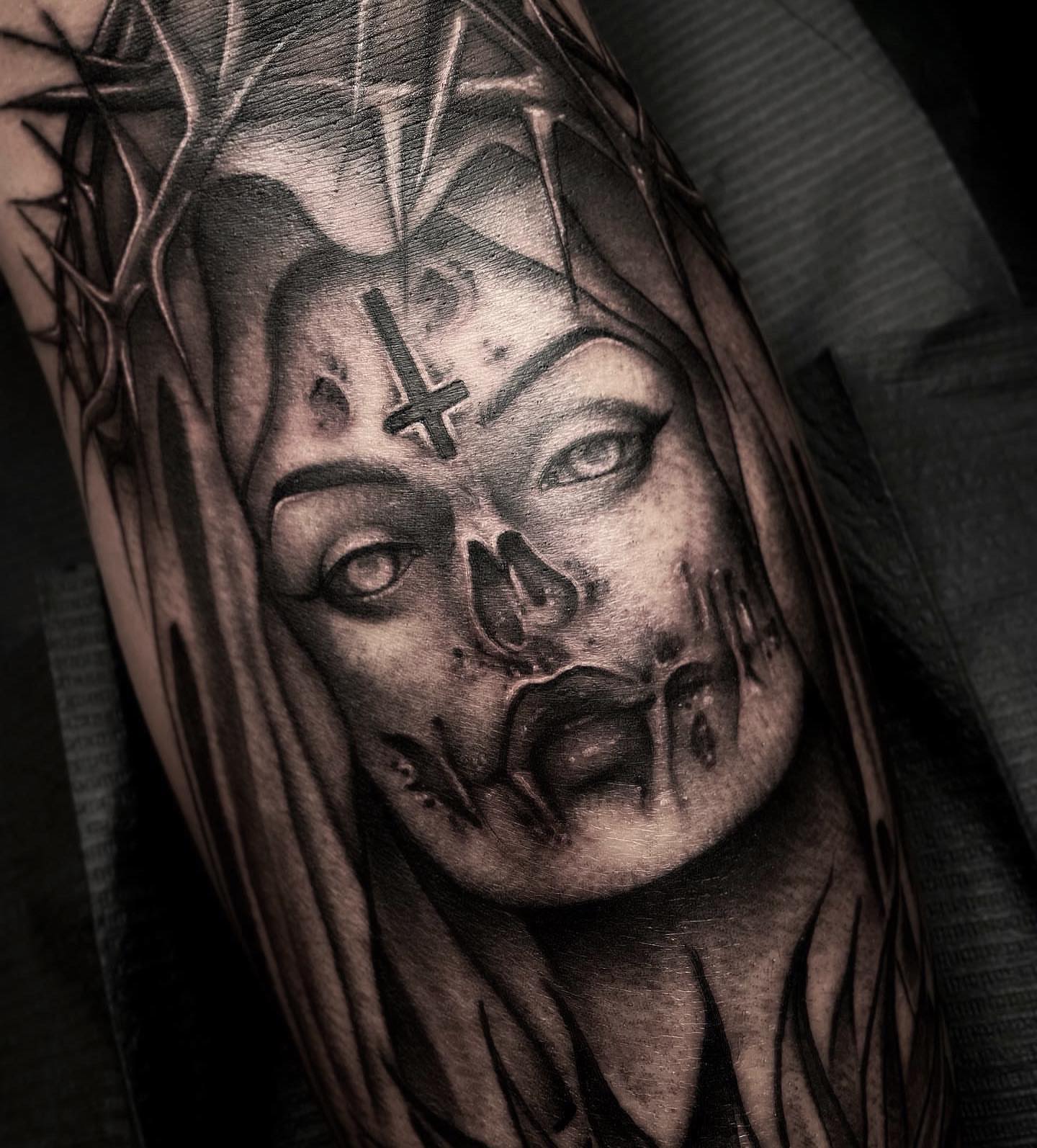 Woman with cross realism tattoo on the forearm by 𝖎 𝖆𝖒 𝖗𝖔𝖙𝖙𝖎𝖓𝖌 𝖜𝖎𝖙𝖍 𝖞𝖔𝖚