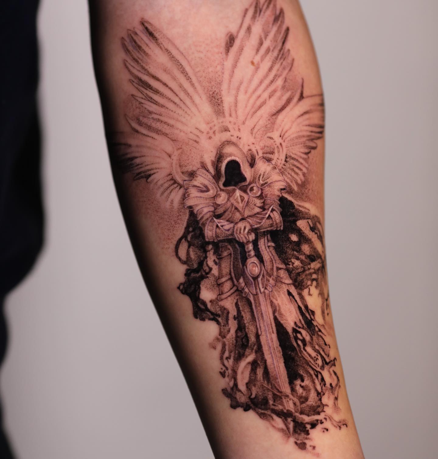 Warrior with wings dotwork tattoo on the forearm by Anna Chernova, San Francisco, California