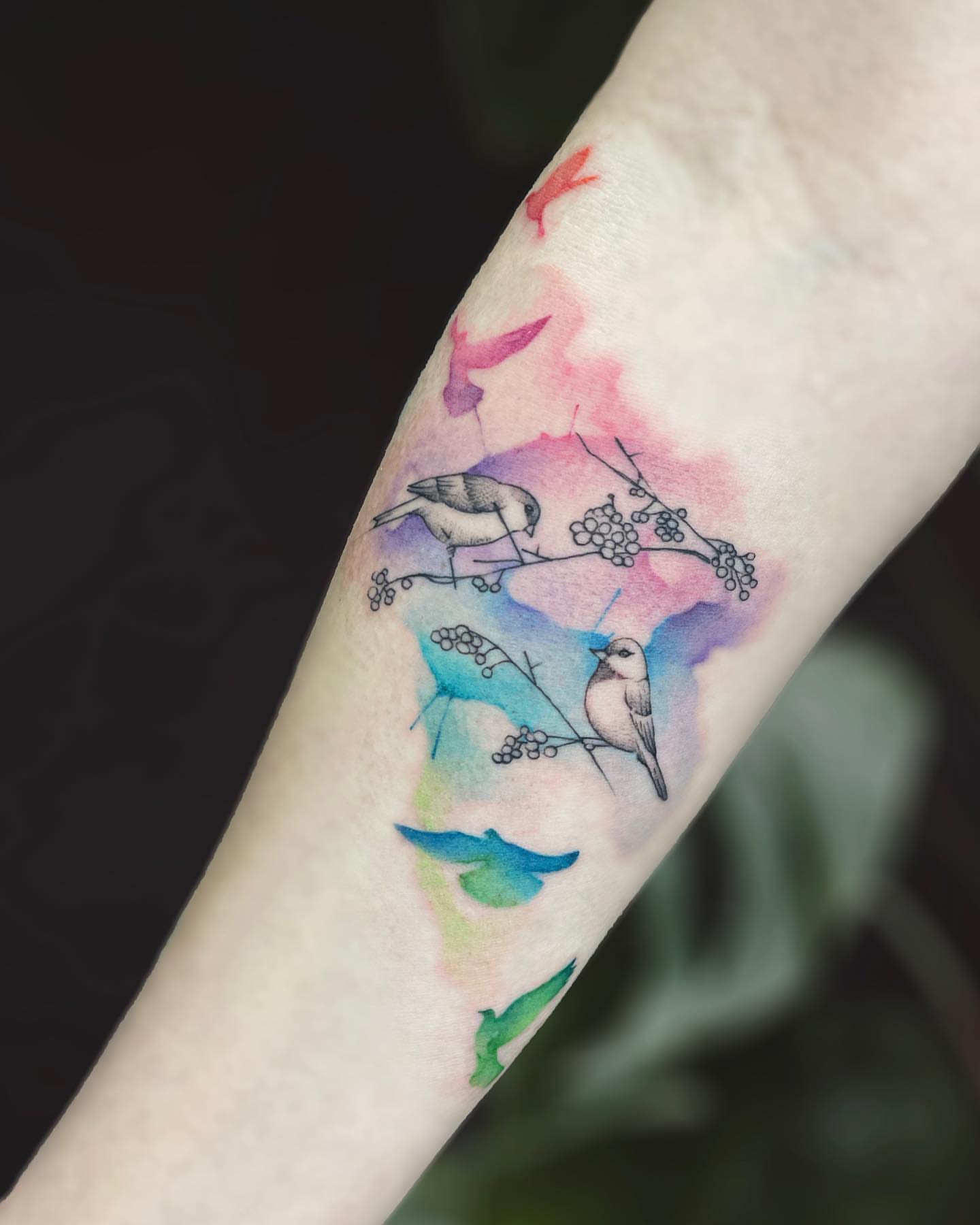 Birds and branches watercolor tattoo on the forearm by Georgia Grey