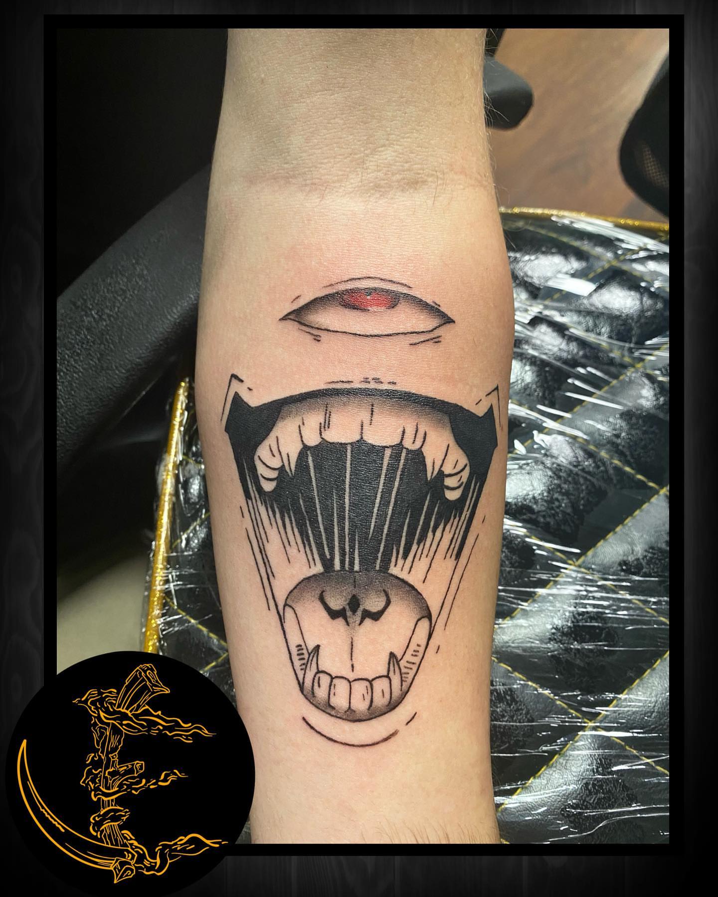 Open mouth with eye black and grey tattoo on the forearm by ☀️ 𝕵𝖆𝖒𝖎𝖘𝖔𝖓 𝕰𝖑𝖑𝖘𝖜𝖔𝖗𝖙𝖍 🌑