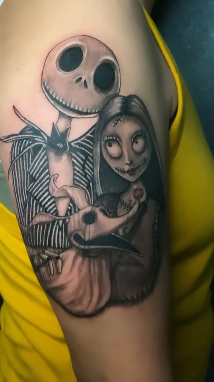 Jack Skellington and Sally realism tattoo by Las Vegas Tattoo Artist