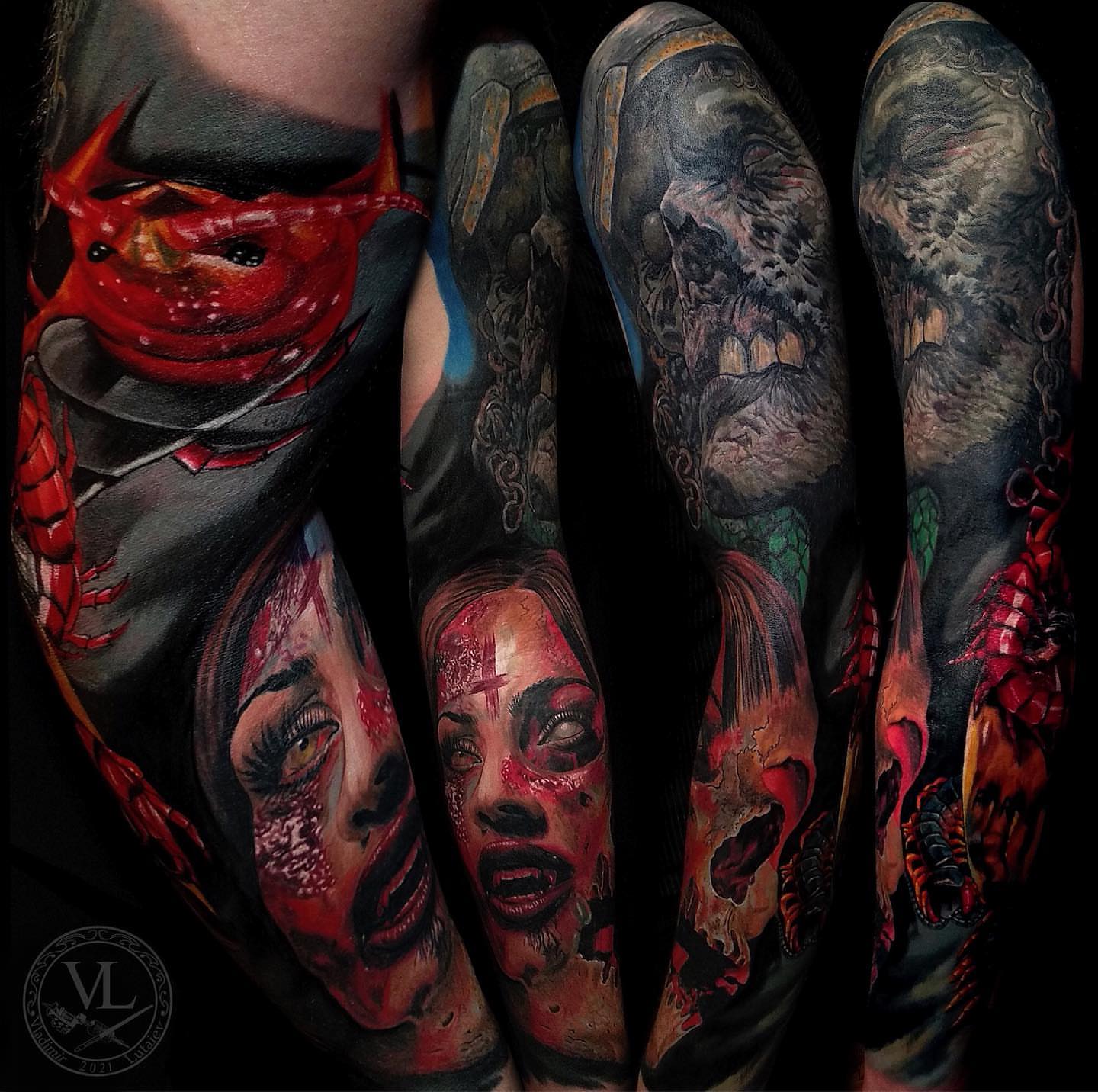 Zombie-themed sleeve dark realism tattoo by Vladimir Lutaev