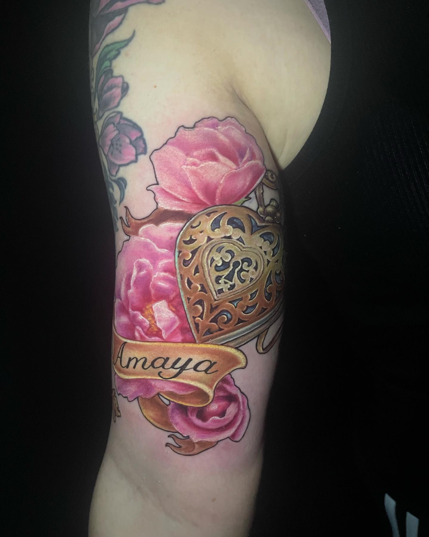 Rose and heart new school tattoo on the forearm by Amber Joy (AJ)