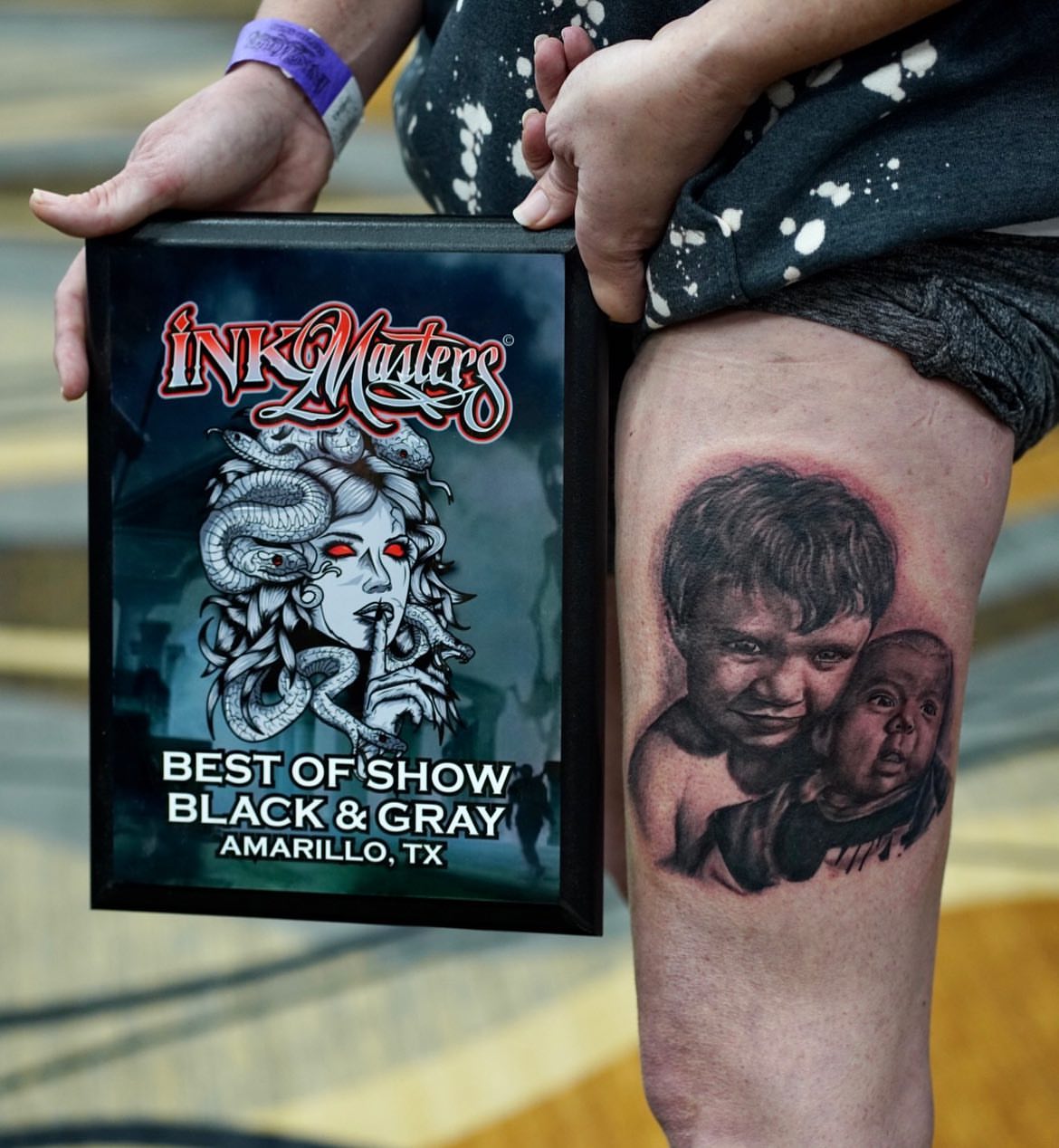 Children realism tattoo on the thigh by Sly Davis