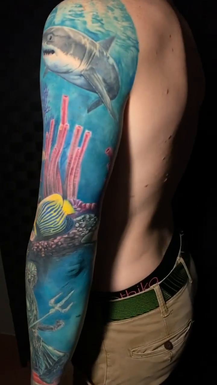 Underwater scene with marine life realism tattoo by Abel Deida