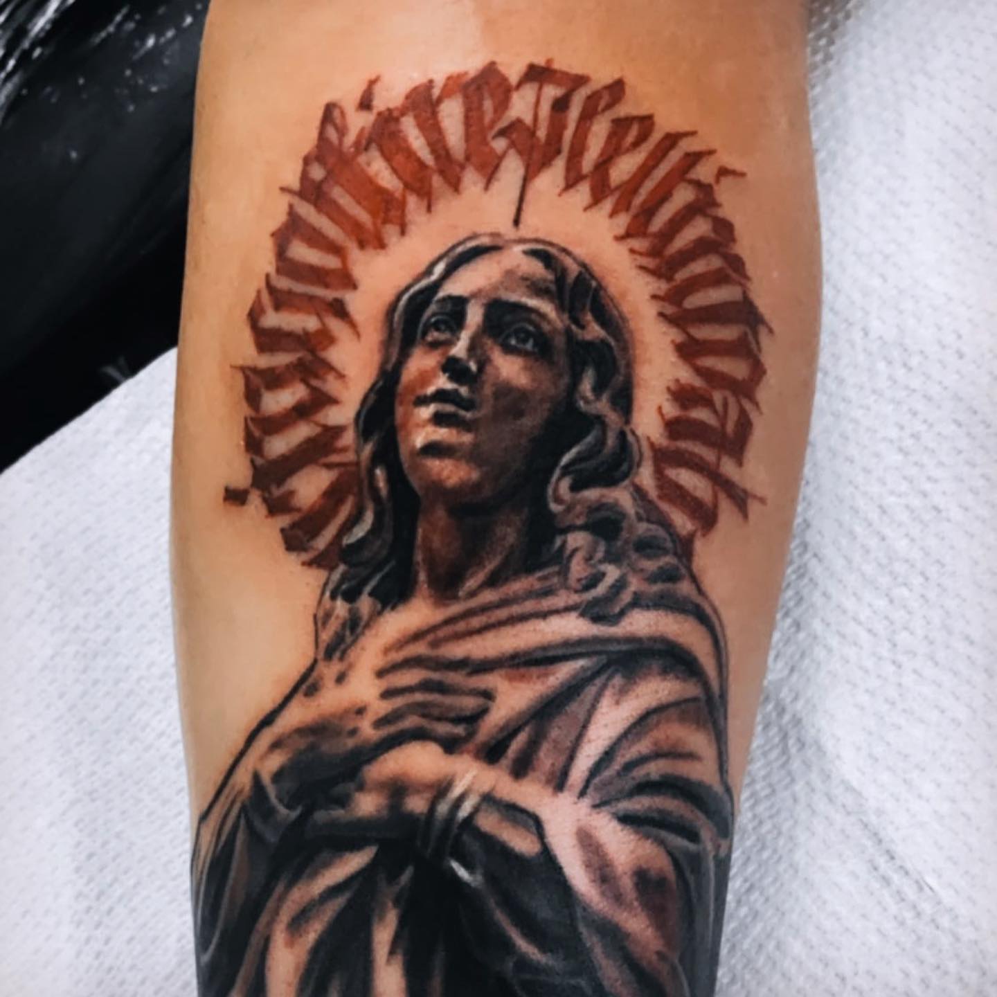 Religious figure realism tattoo on the forearm by ArteDeCecil