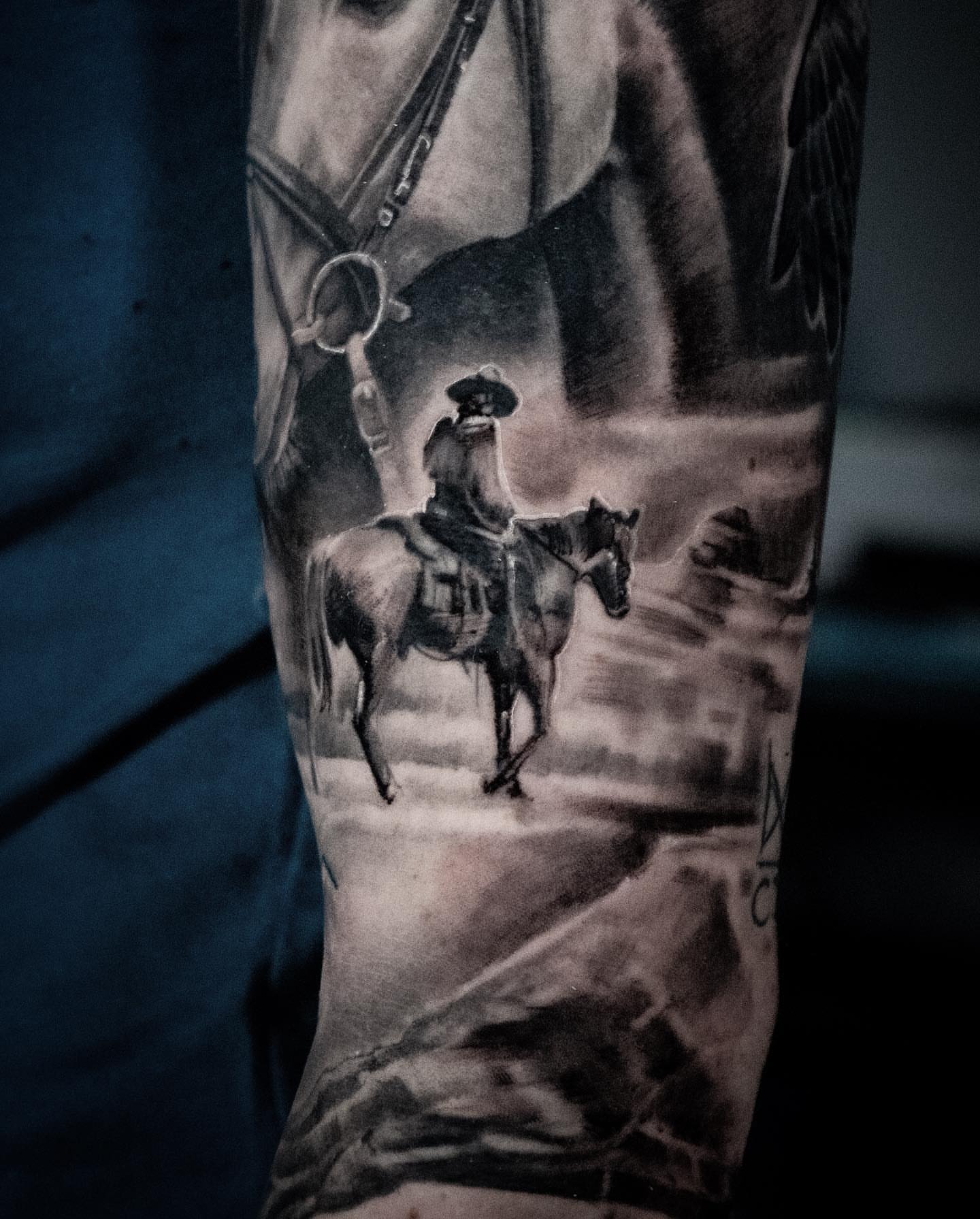 Cowboy on horse realism tattoo on the forearm by ๐ฝ๐๐๐๐๐๐๐ ๐ถ๐๐๐