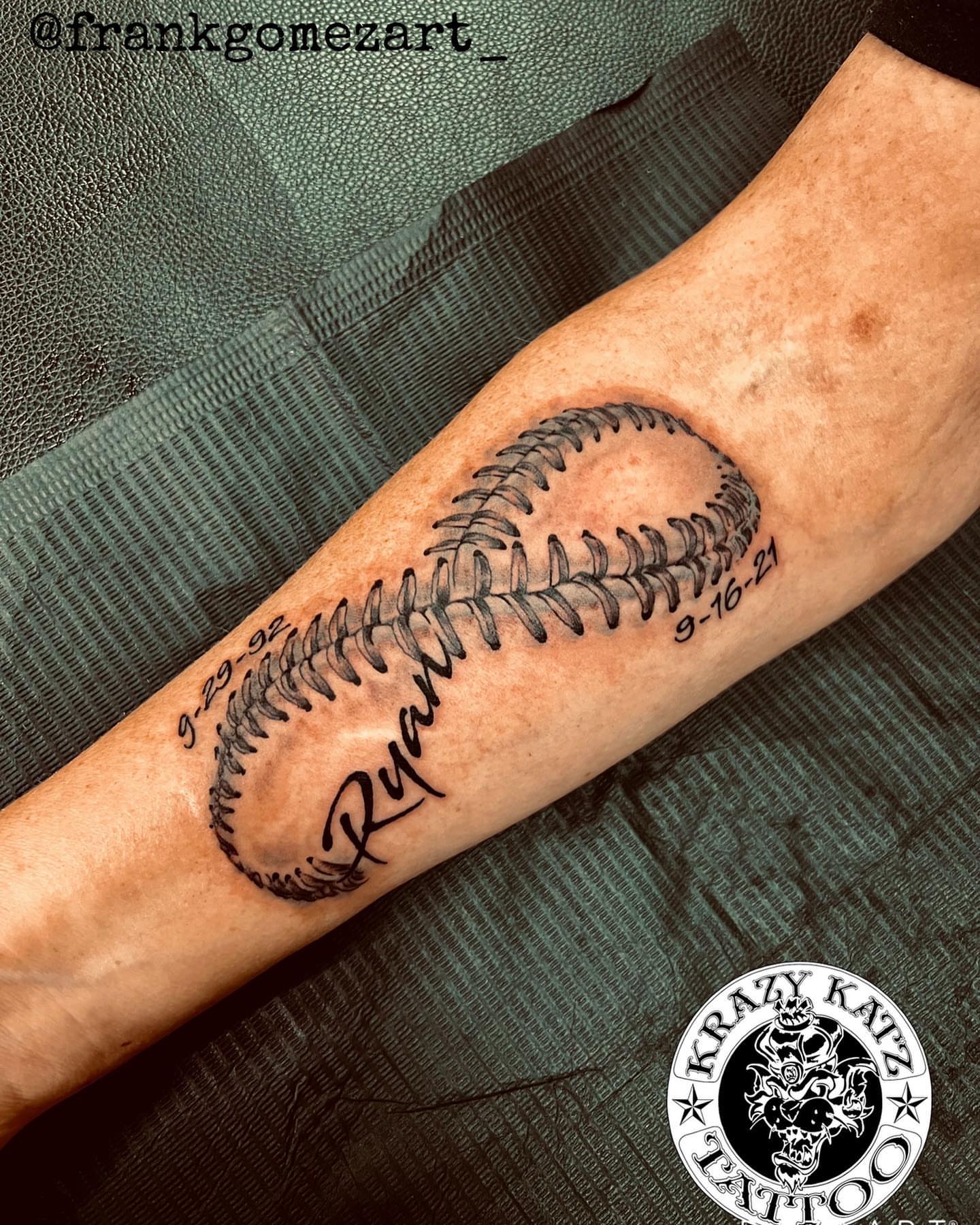 Baseball stitch black and grey tattoo on the forearm by Frank Gomez 🎨