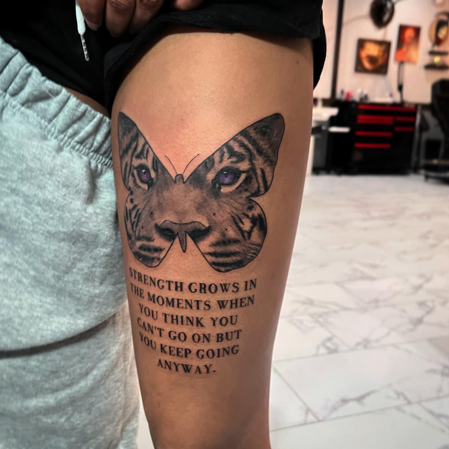 Butterfly tiger realism tattoo on the thigh by Mia