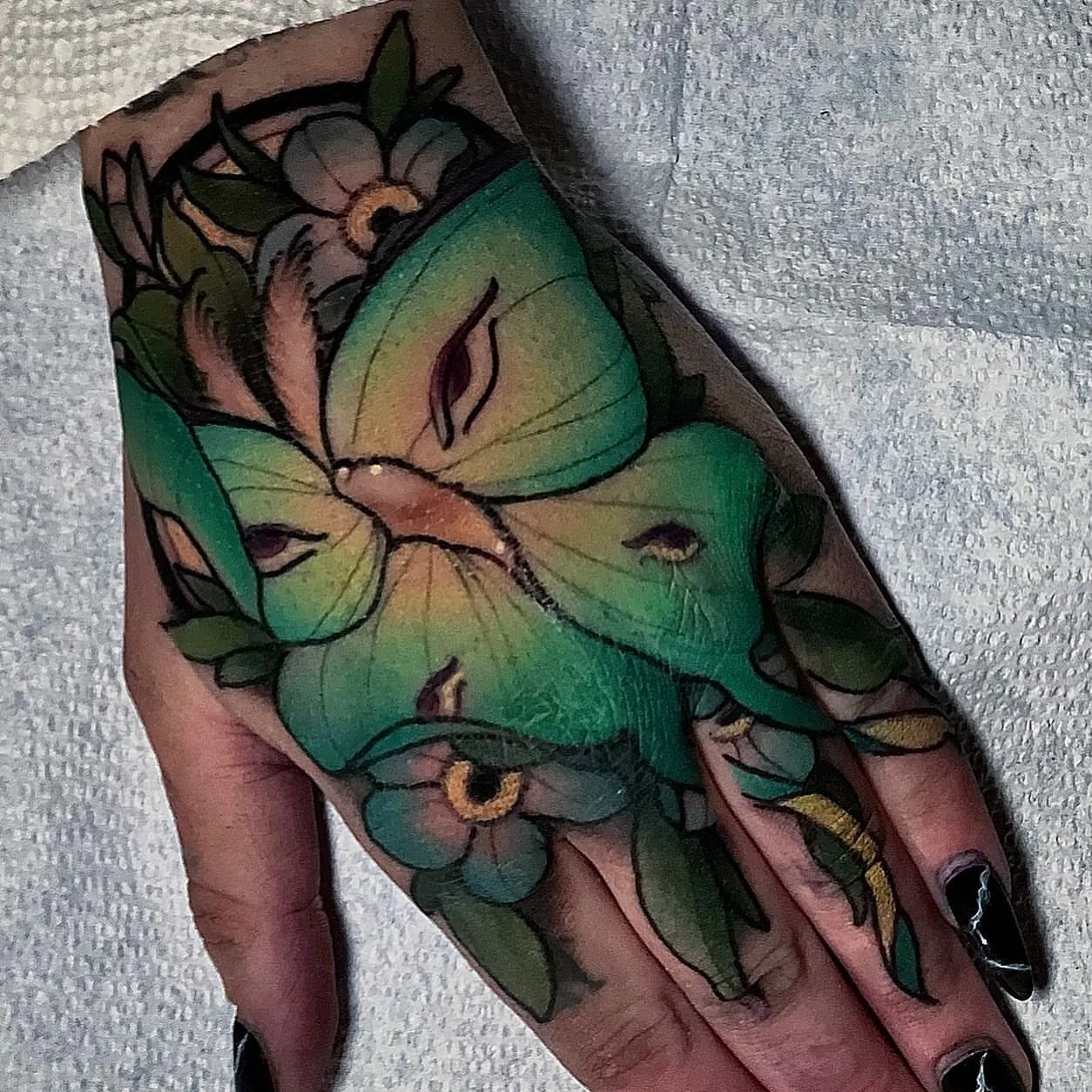 Butterfly American traditional tattoo on the hand by ✤ ᴋɪʀᴀ ᴋɴᴏᴡʟᴛᴏɴ ✤