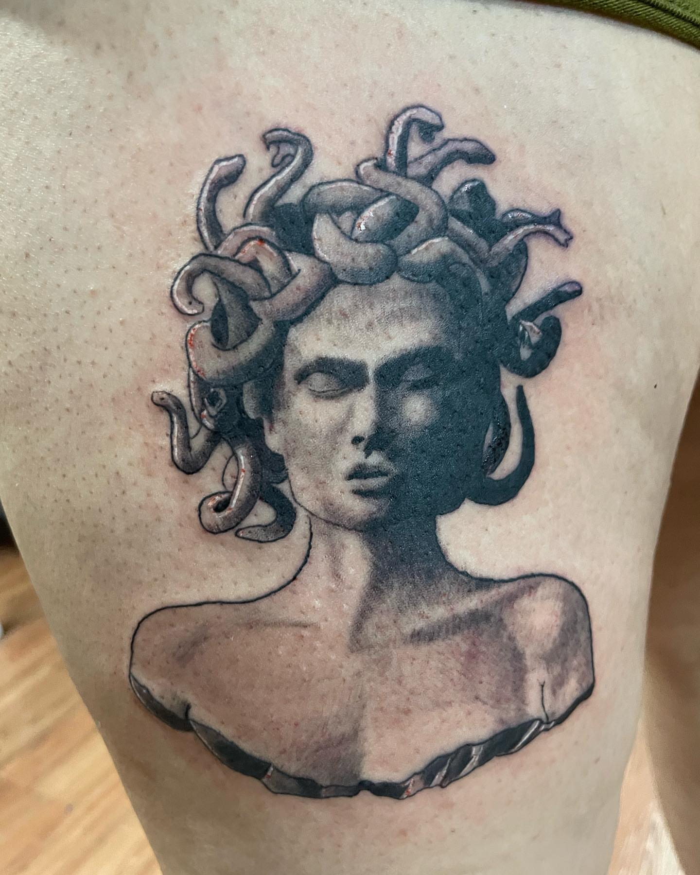 Medusa black and grey tattoo on the thigh by Immortal BAYAREA TATTOO ARTIST