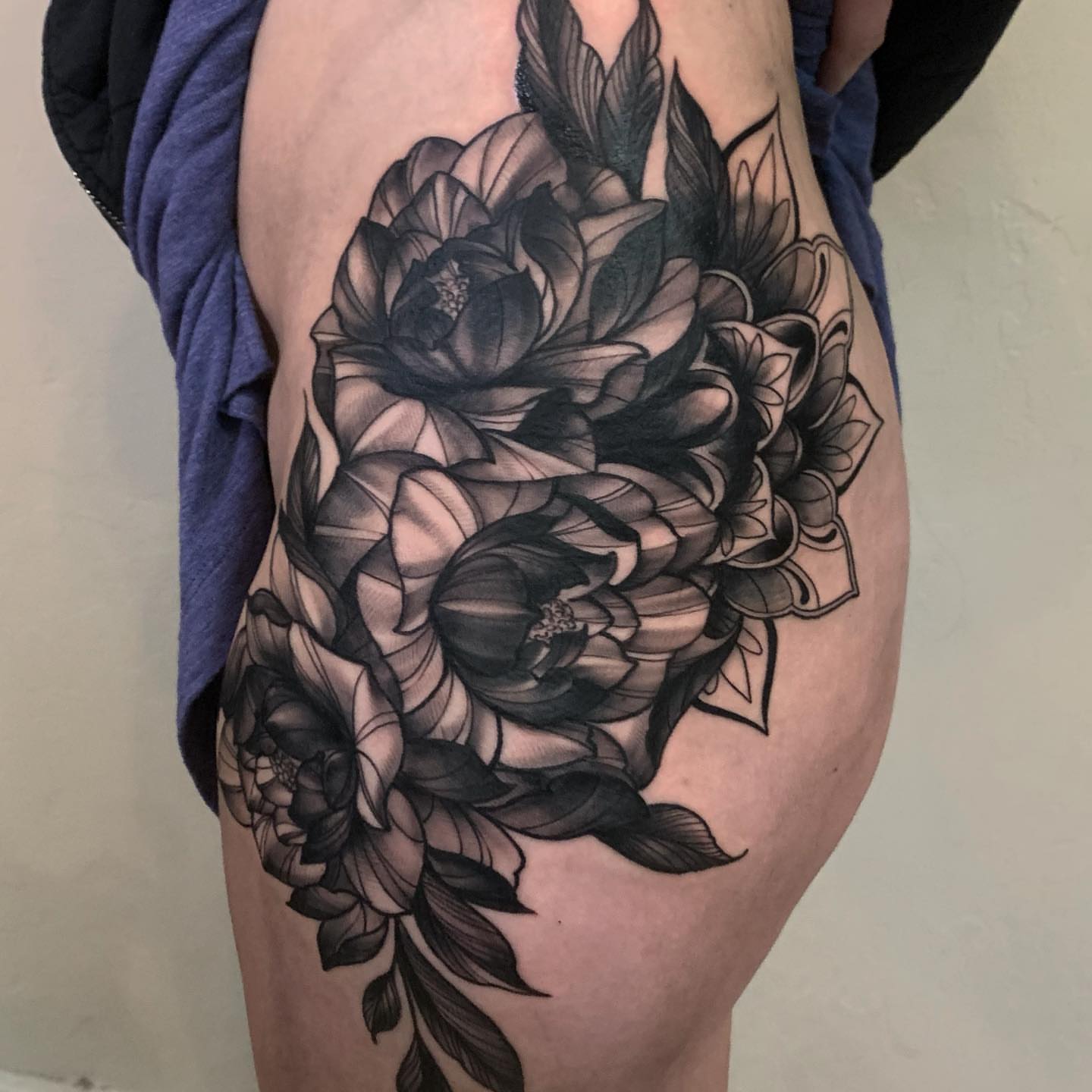 Floral bouquet black and grey tattoo on the thigh by ⚔ Dylan Smith ⚔, Richmond, Virginia