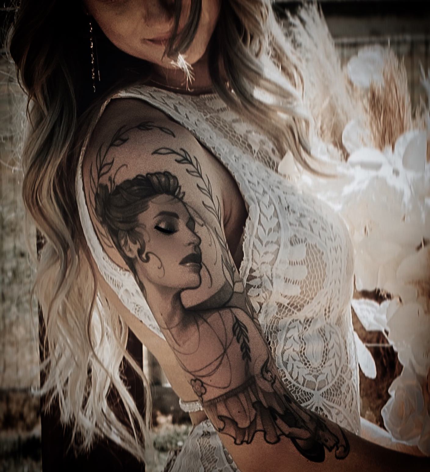 Woman realism tattoo on the shoulder by Jeff Norton, Atascadero, California