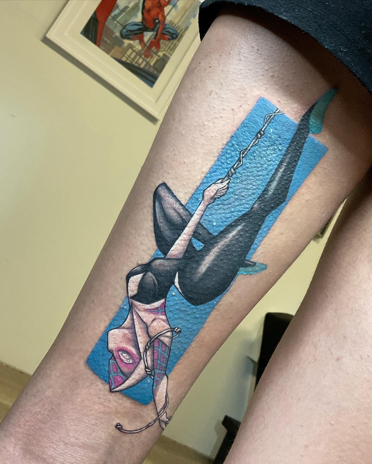 Shark and diver new school tattoo on the thigh by Angell Tattoo Artist, Denver, Colorado