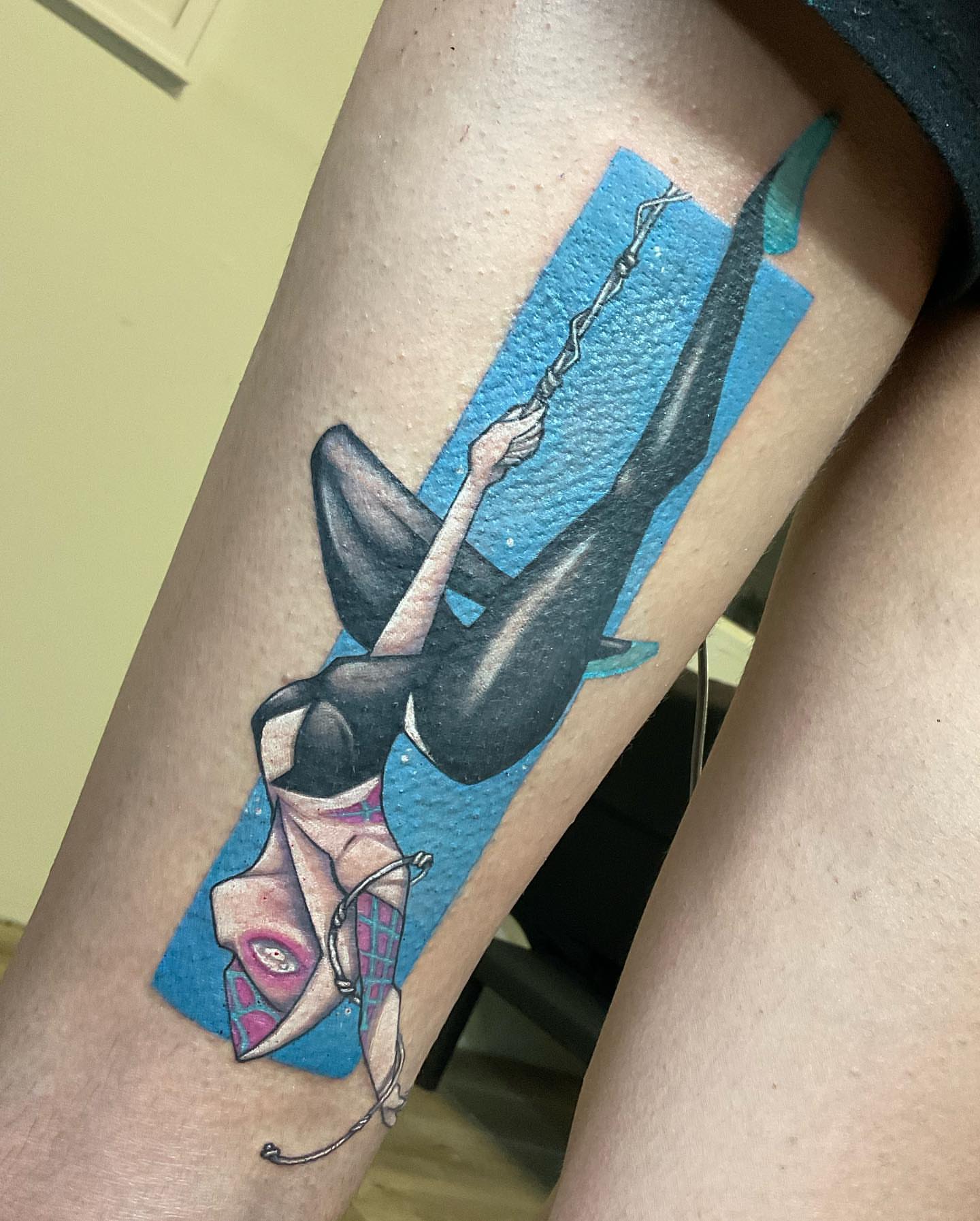 Diver with shark realism tattoo on the leg by Angell Tattoo Artist, Denver, Colorado