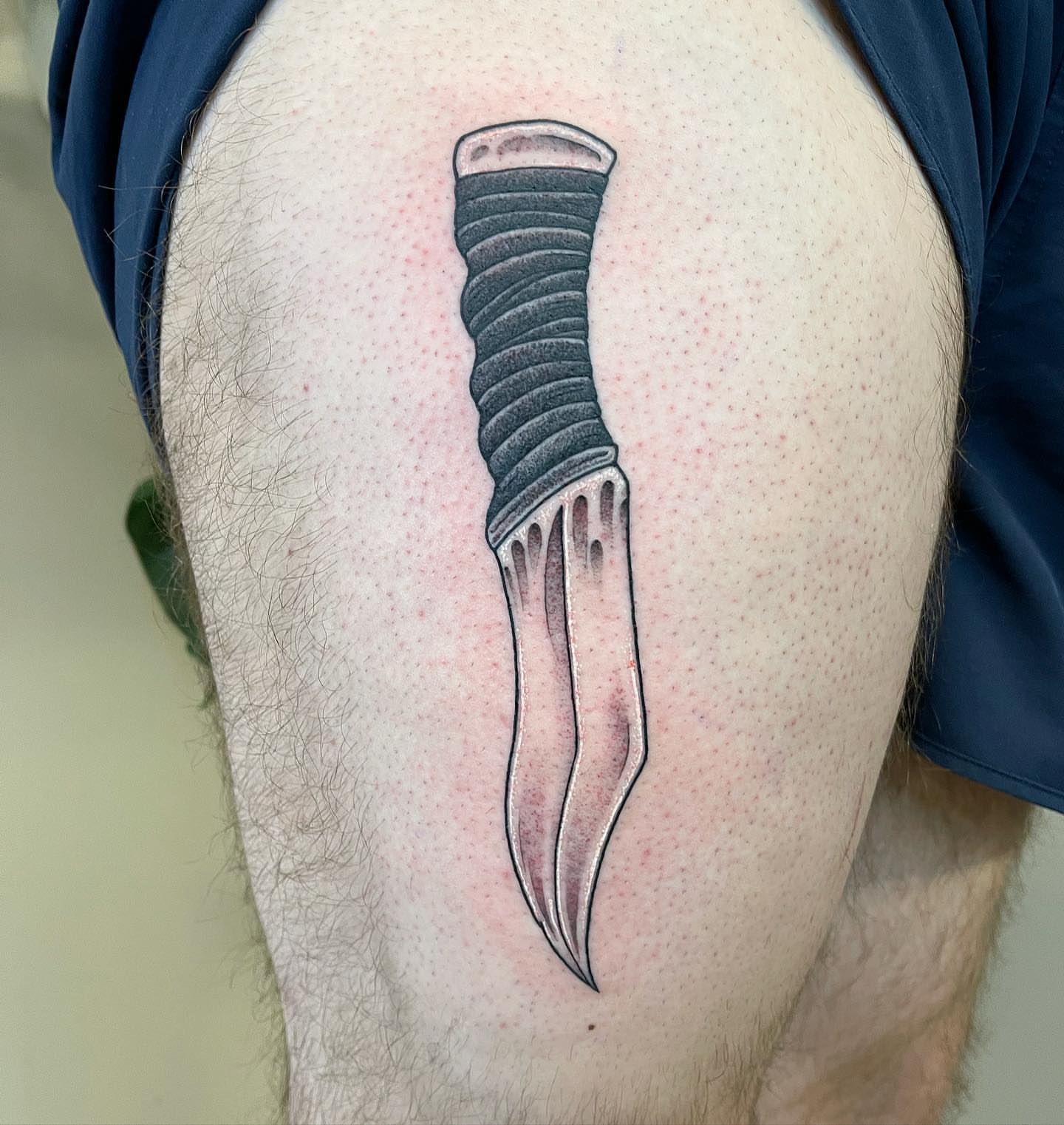 Knife black and grey tattoo on the thigh by 🍓secret k. - Austin Tattoo Artist