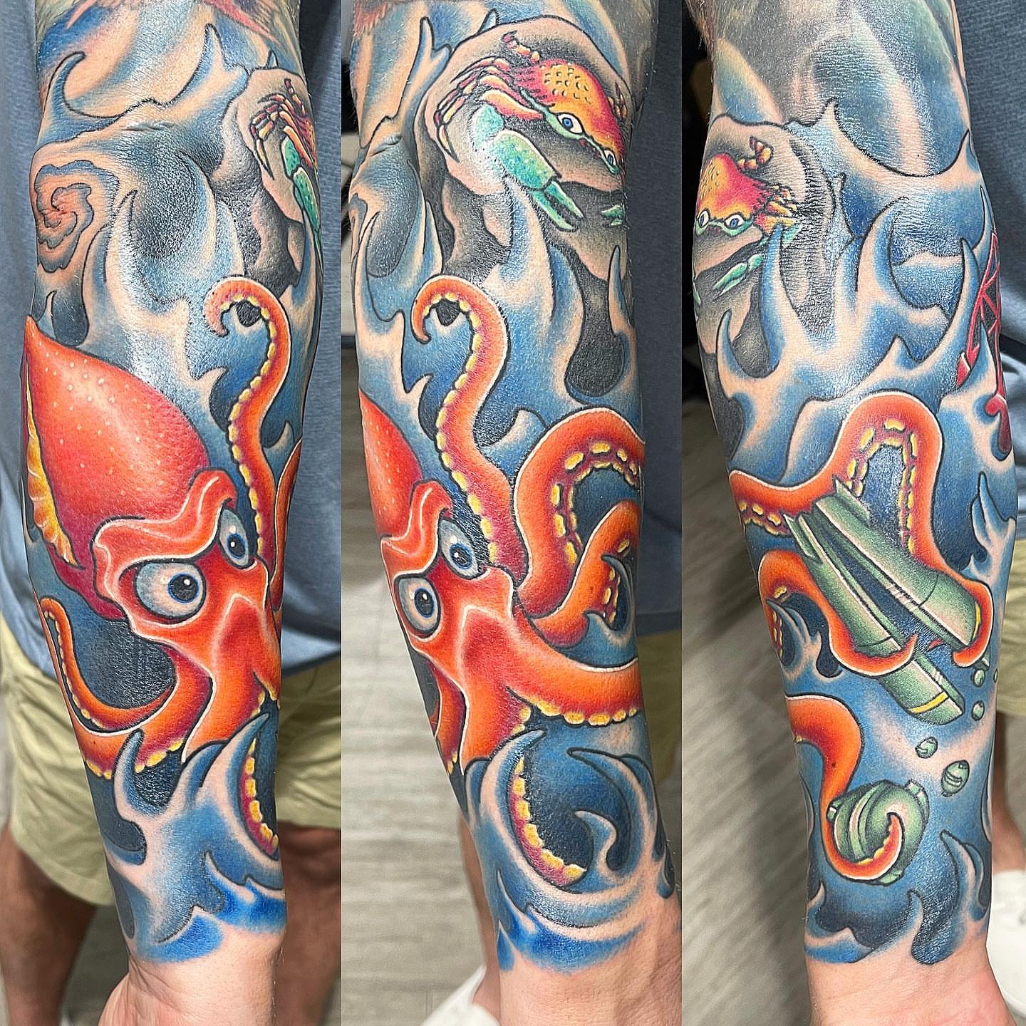 Octopus American traditional tattoo on the forearm by Zack Havoc