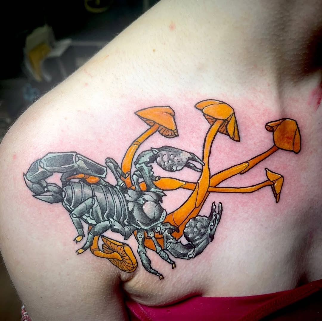 Scorpion and mushrooms American traditional tattoo on the shoulder by Joe Moreira