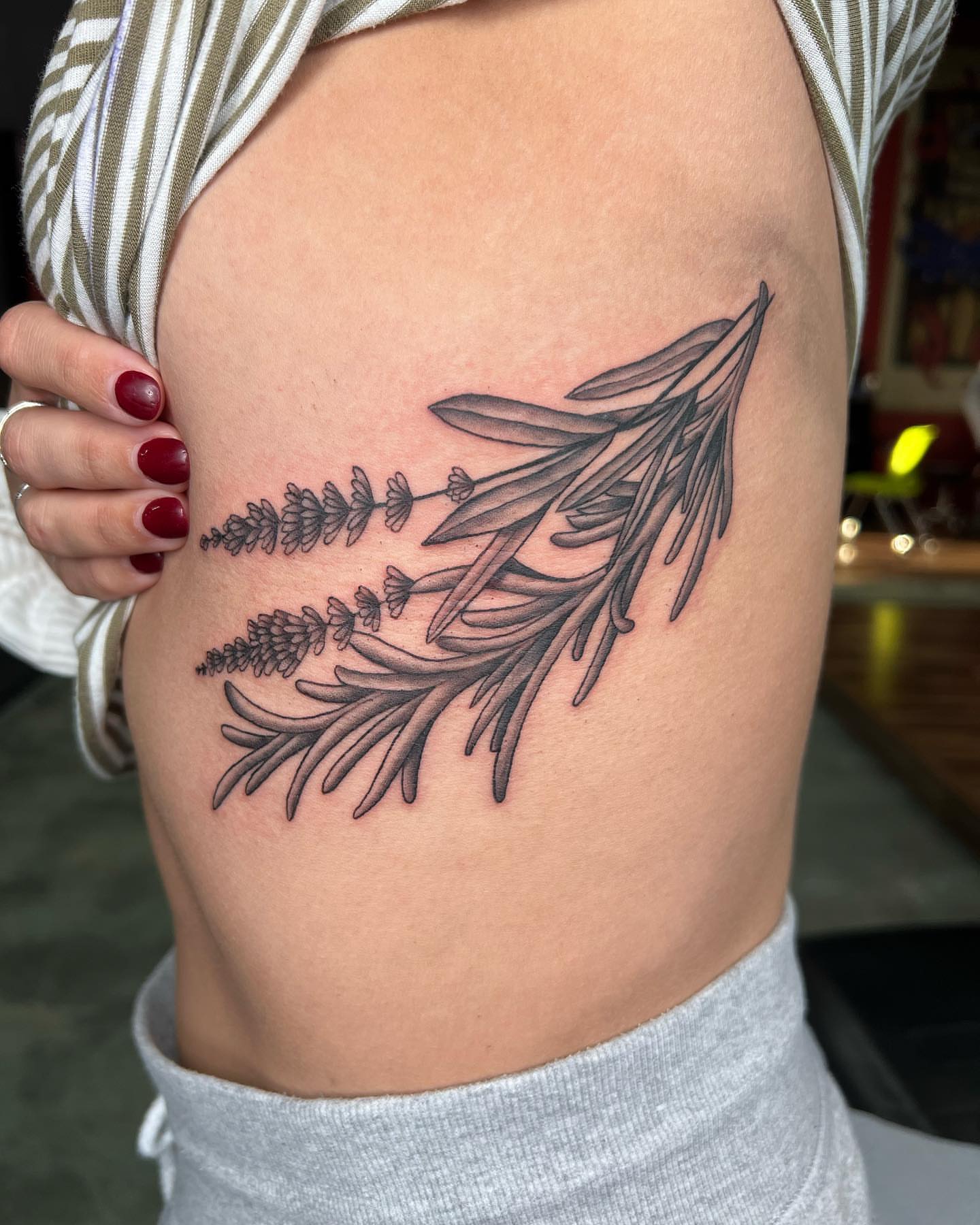 Herbs black and grey tattoo on the ribs by CHiNO iNKs