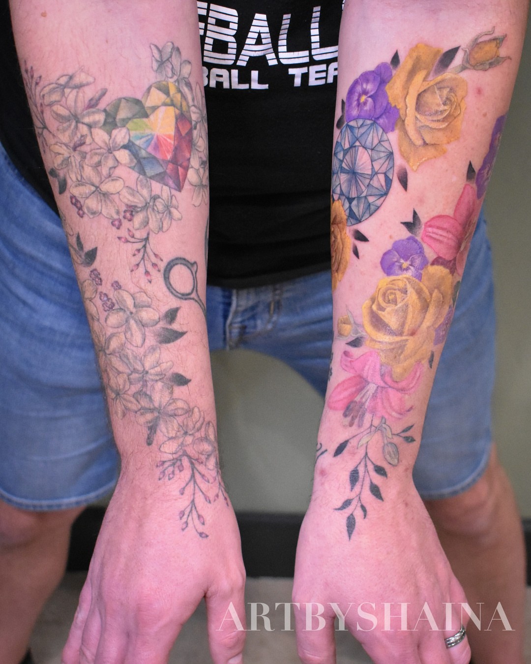 Floral arrangement geometric tattoo on the forearm by ππ·π°πΈπ½π°