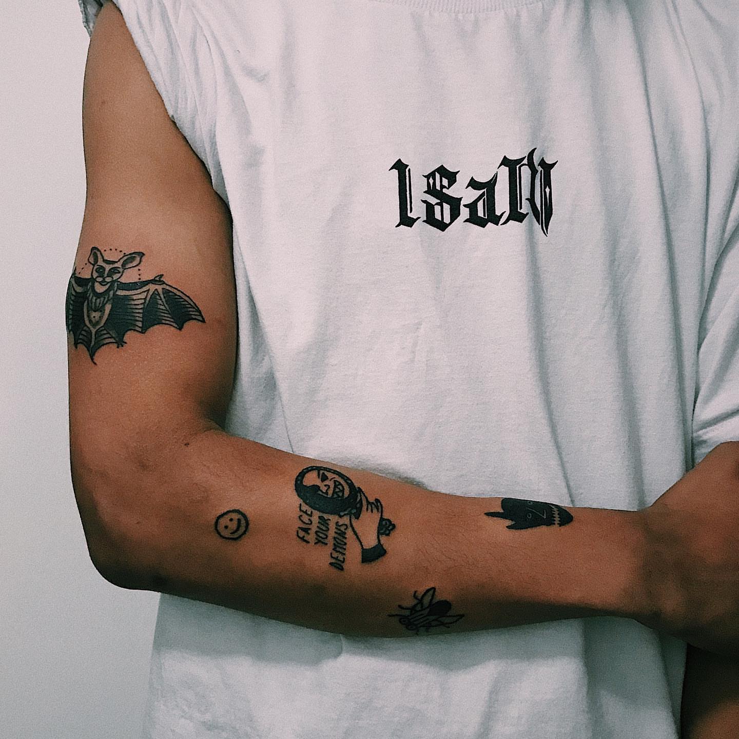 Bat black and grey tattoo on the forearm by Júlia Sorrino