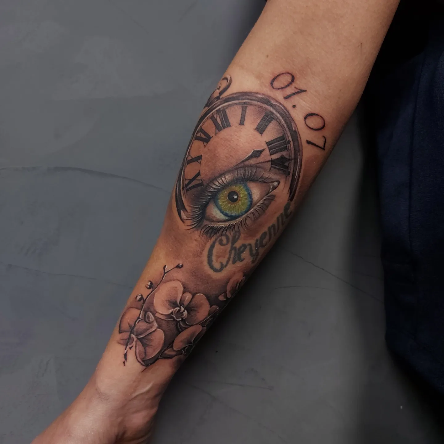 Eye and clock realism tattoo on the forearm by πΈπππ πππ€