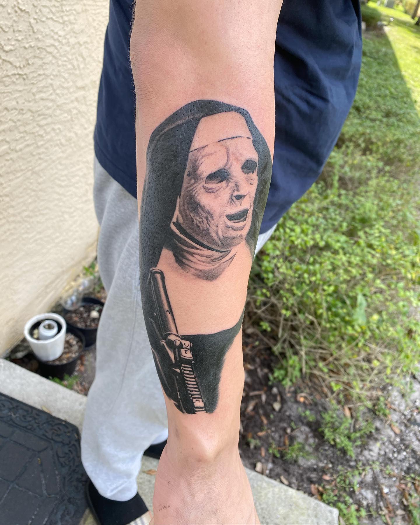 Michael Myers mask realism tattoo on the forearm by 🦇💀Matt Perlman💀🦇