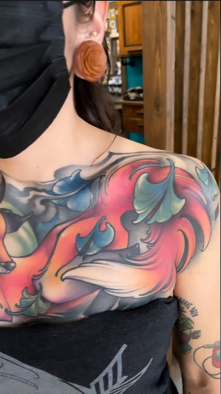 Two foxes with flowing elements japanese irezumi tattoo by ceci✨, Edinburg, Texas