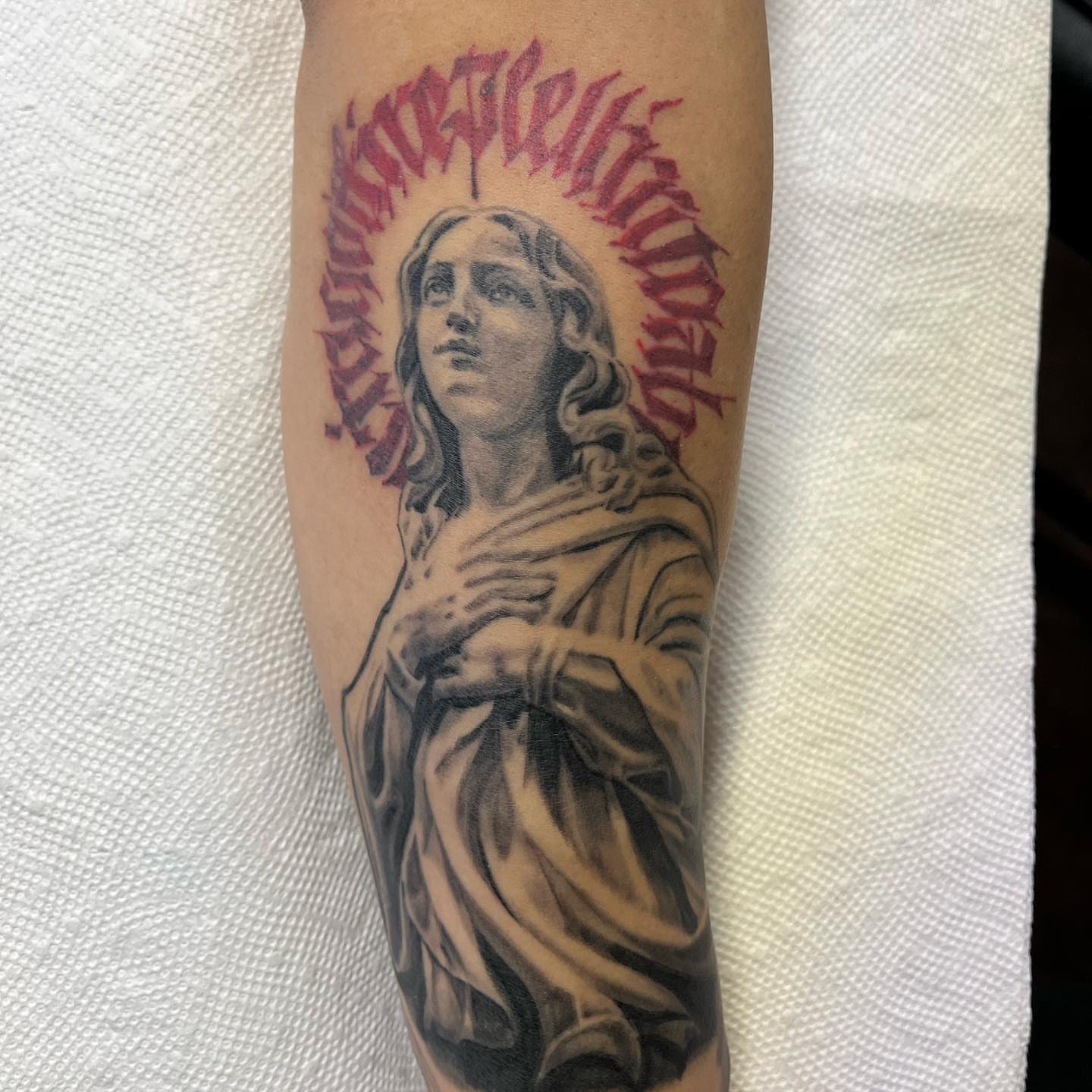 Statue of woman realism tattoo on the forearm by ArteDeCecil
