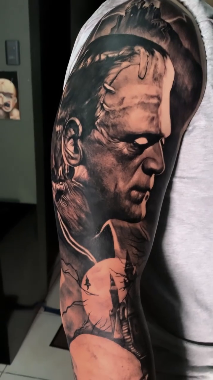 Frankenstein's monster and other horror characters realism tattoo by Armando Galán 🇨🇱🇺🇸