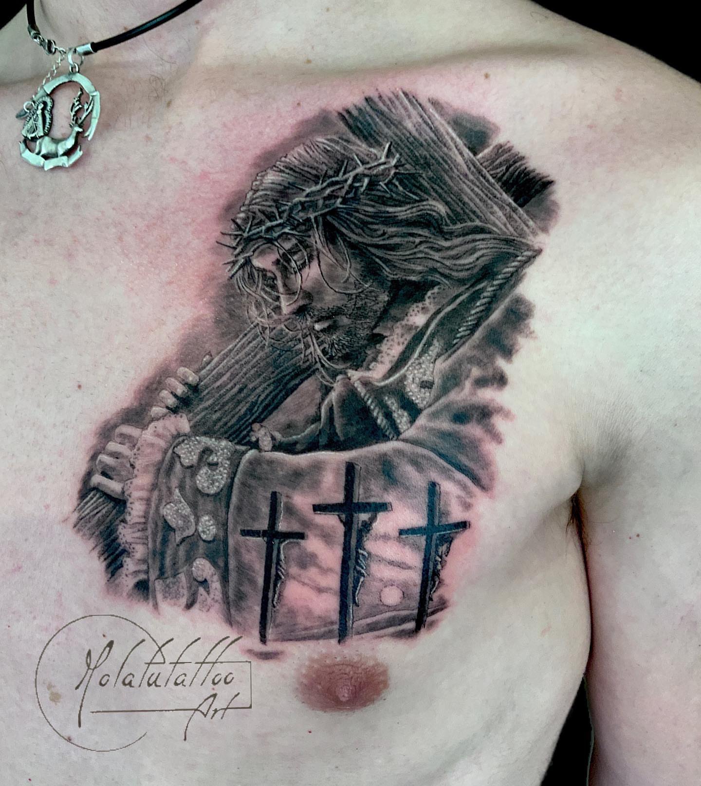 Jesus Christ realism tattoo on the chest by Molatutattoo