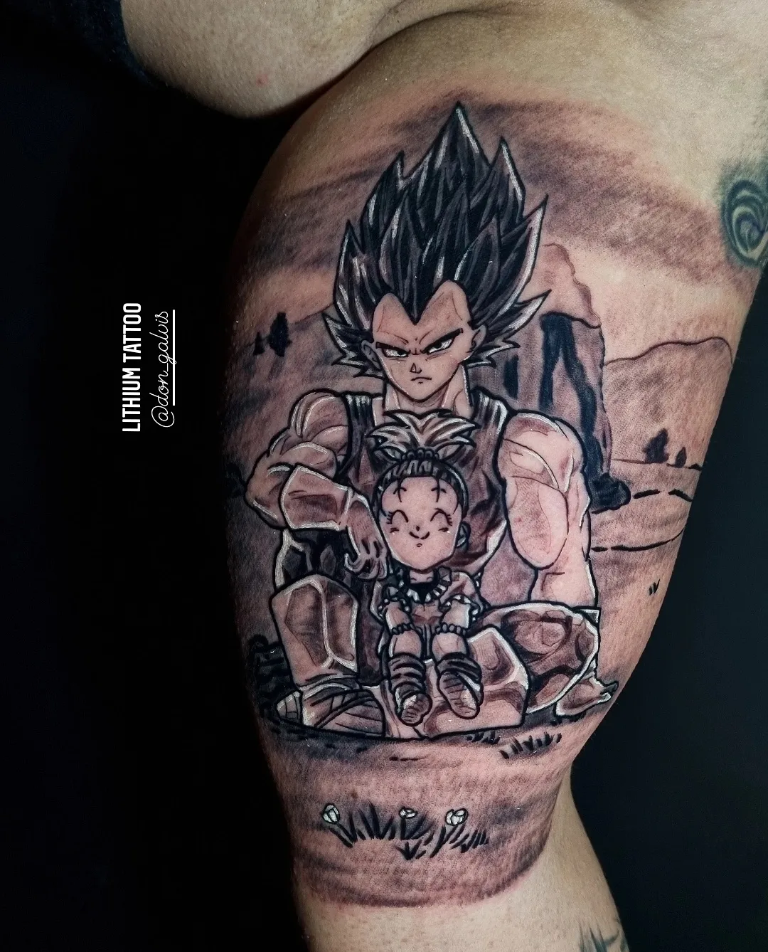 Vegeta and child anime tattoo on the shoulder by Chris galvis, Charlotte, North Carolina