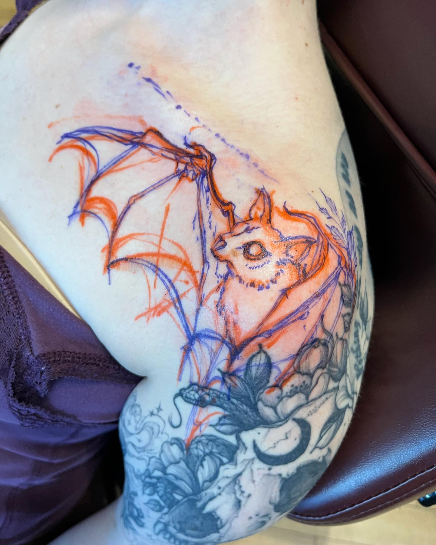 Bat new school tattoo on the thigh by Sarah Spread