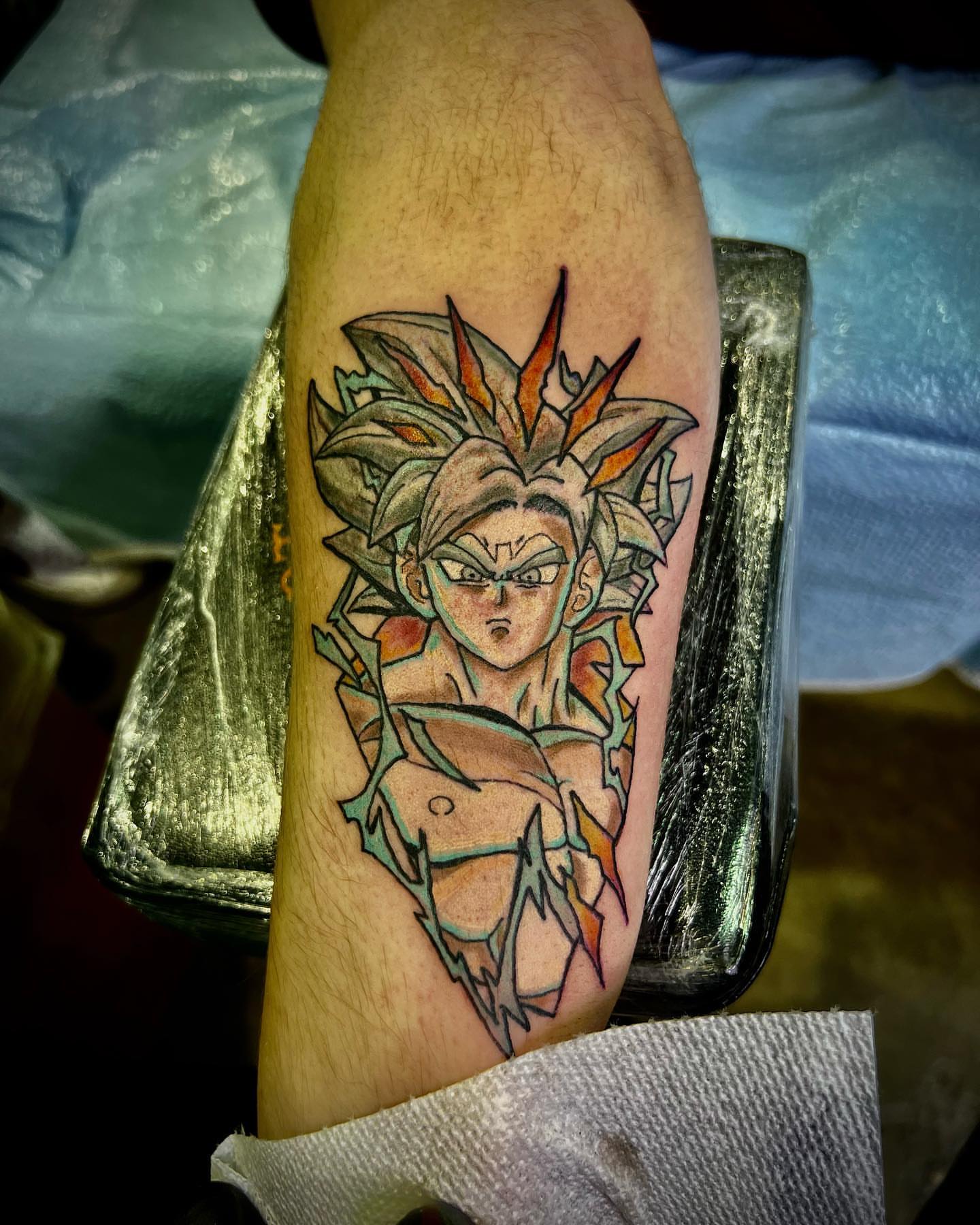 Dragon ball character anime tattoo on the forearm by Glen Wallis