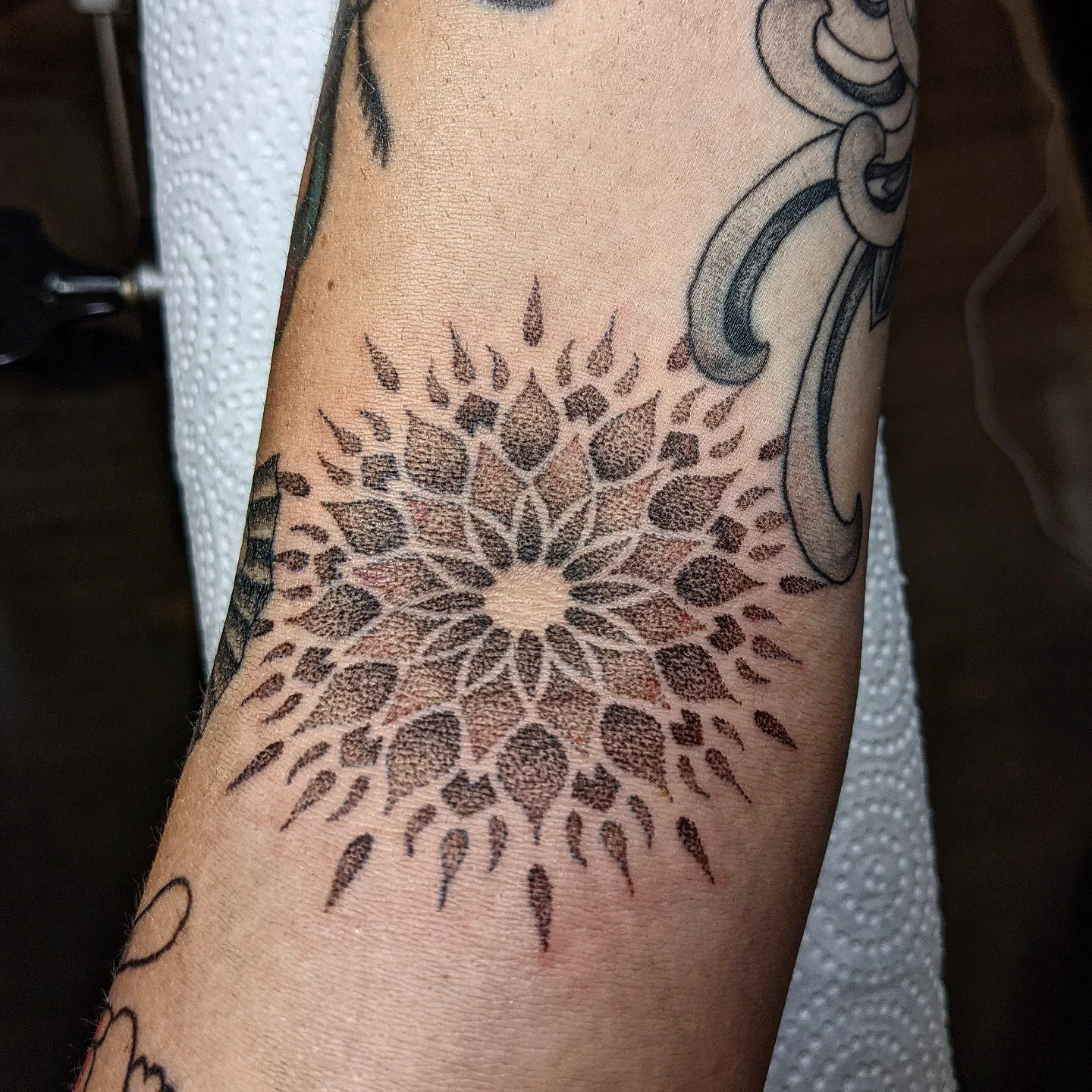 Sunburst dotwork tattoo on the forearm by Aim 🤍