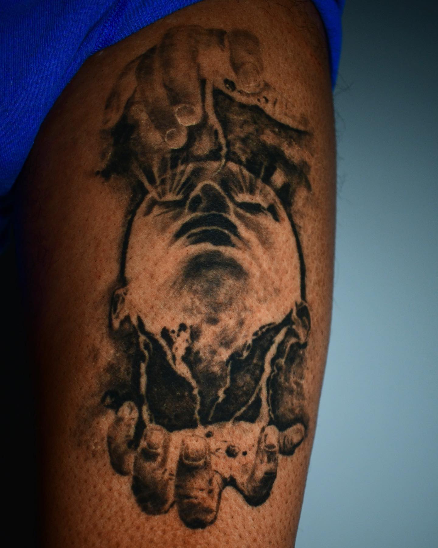 Man's face realism tattoo on the thigh by Joel: Boston Tattoo Artist, Boston, Massachusetts