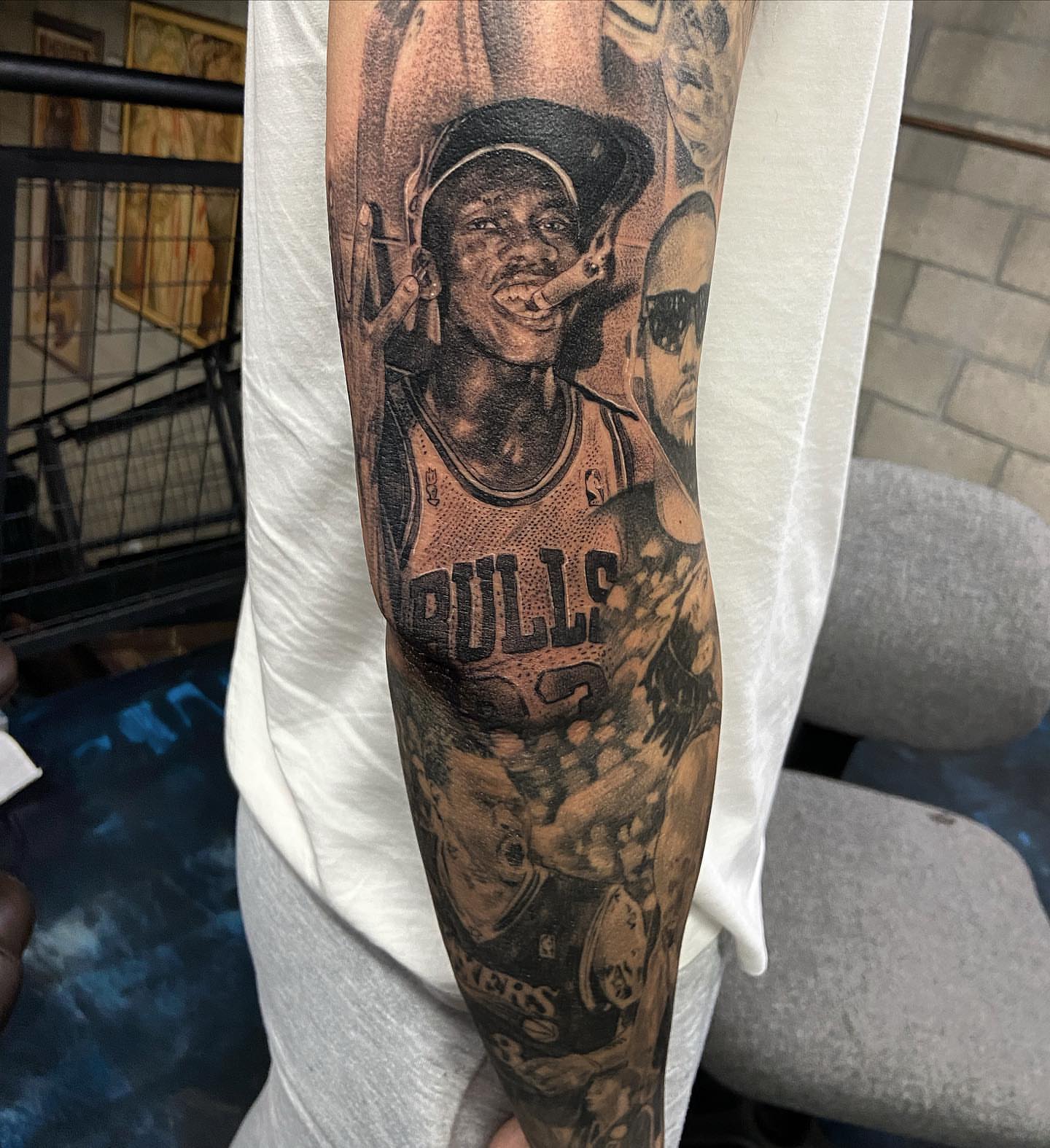 Basketball player dotwork tattoo on the forearm by Creeper tattoo