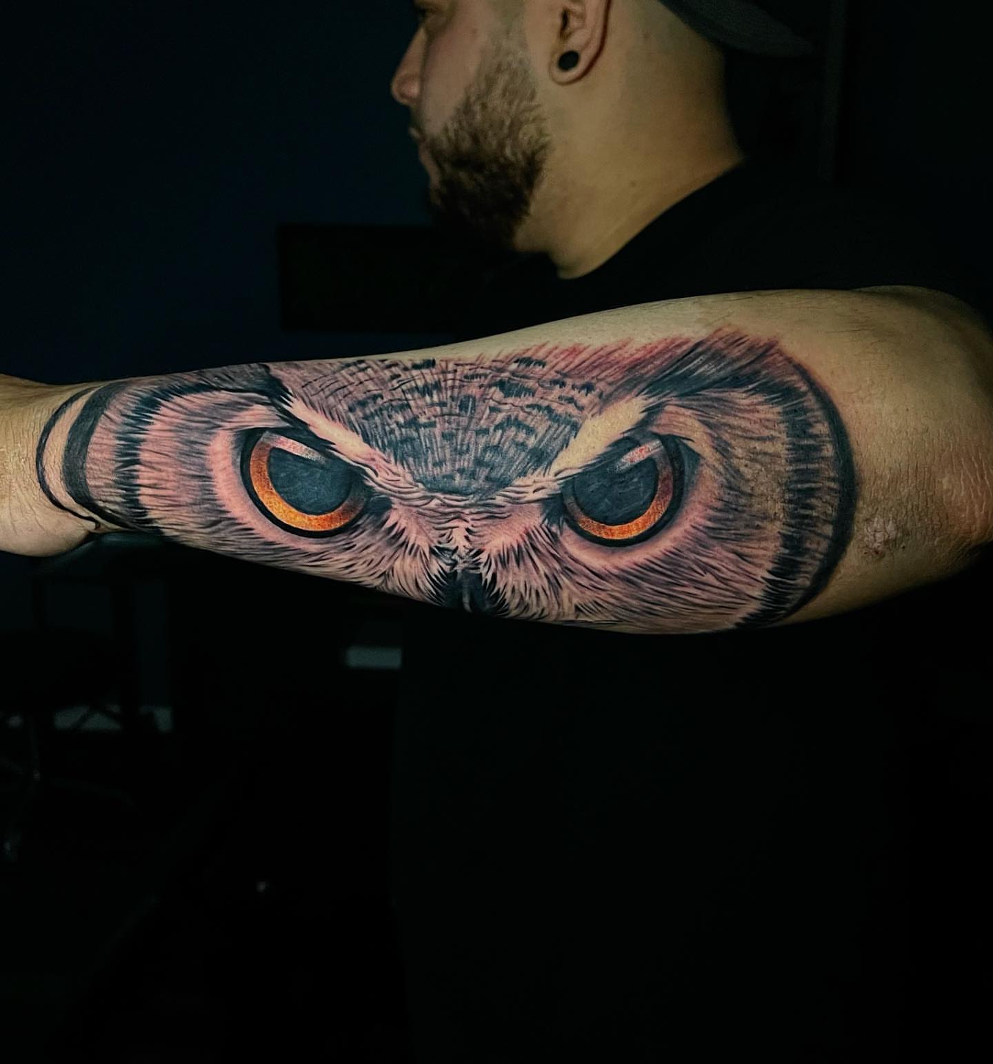 Owl realism tattoo on the forearm by George Maldonado Austin, Austin, Texas