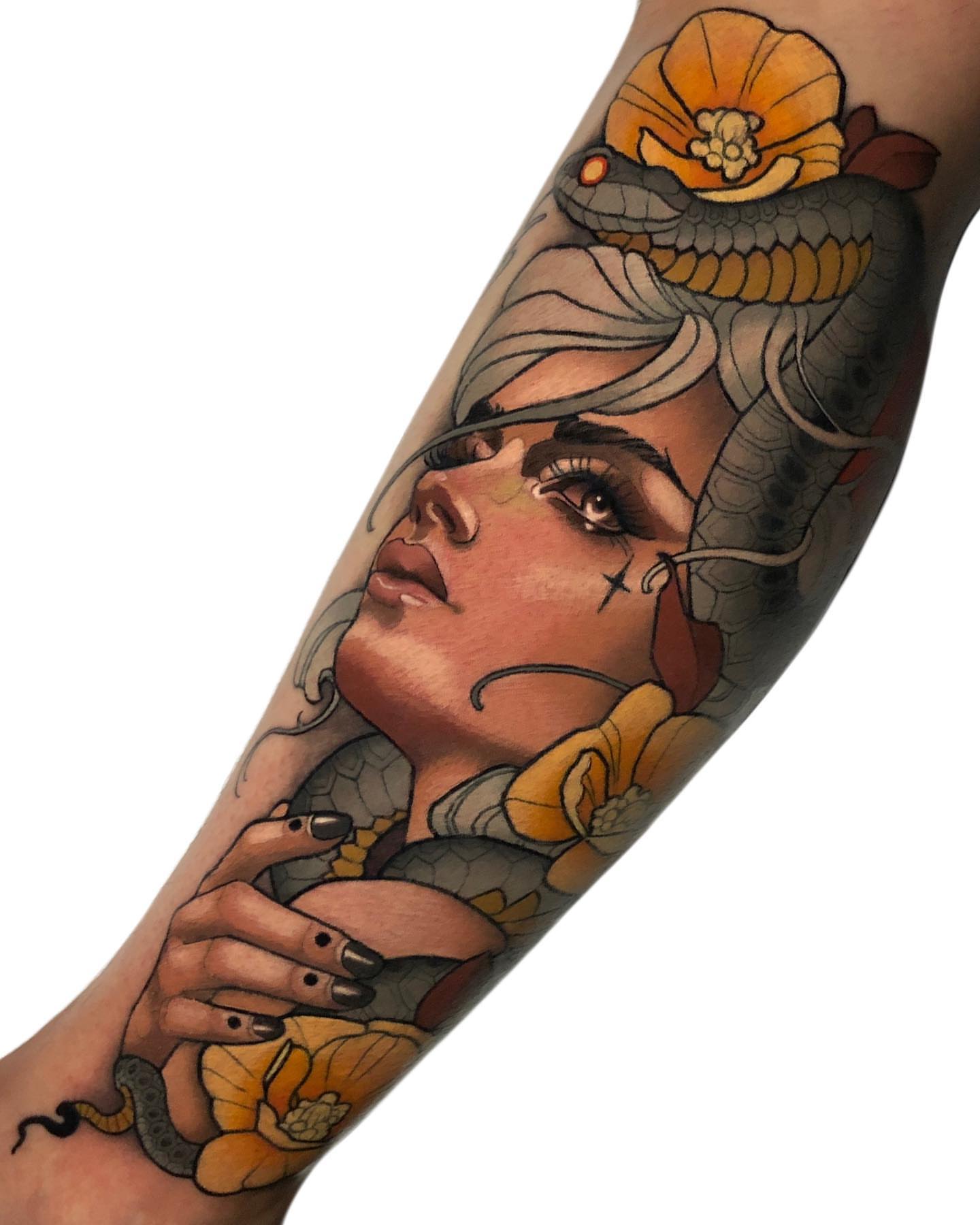Woman with snake and flowers American traditional tattoo on the forearm by Levi Murphy