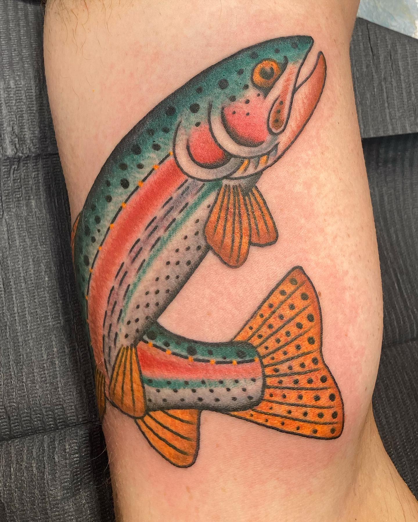Rainbow trout American traditional tattoo on the forearm by Rob Banks