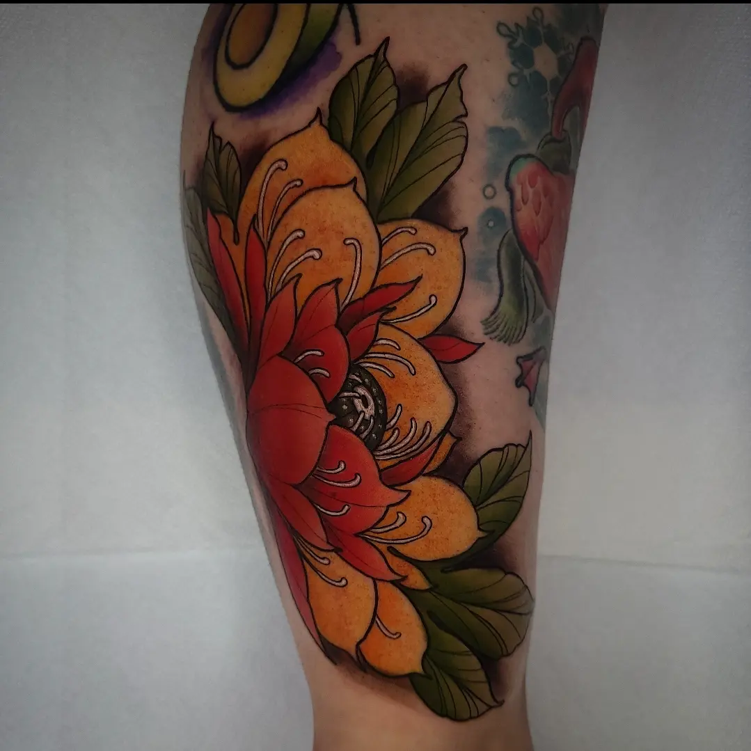 Floral arrangement American traditional tattoo on the calf by 💢 Anime  & 🗡 Neo Traditional    💥 Marc