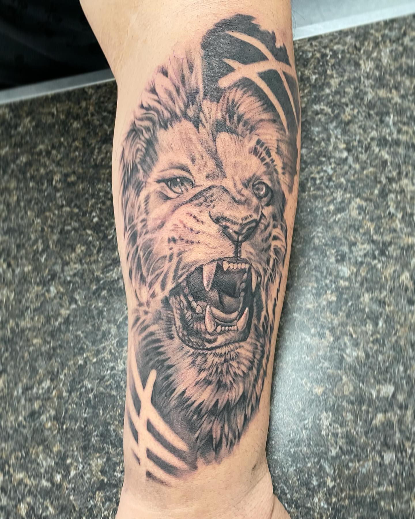 Roaring lion realism tattoo on the forearm by KP or Kaitlynn Perkins