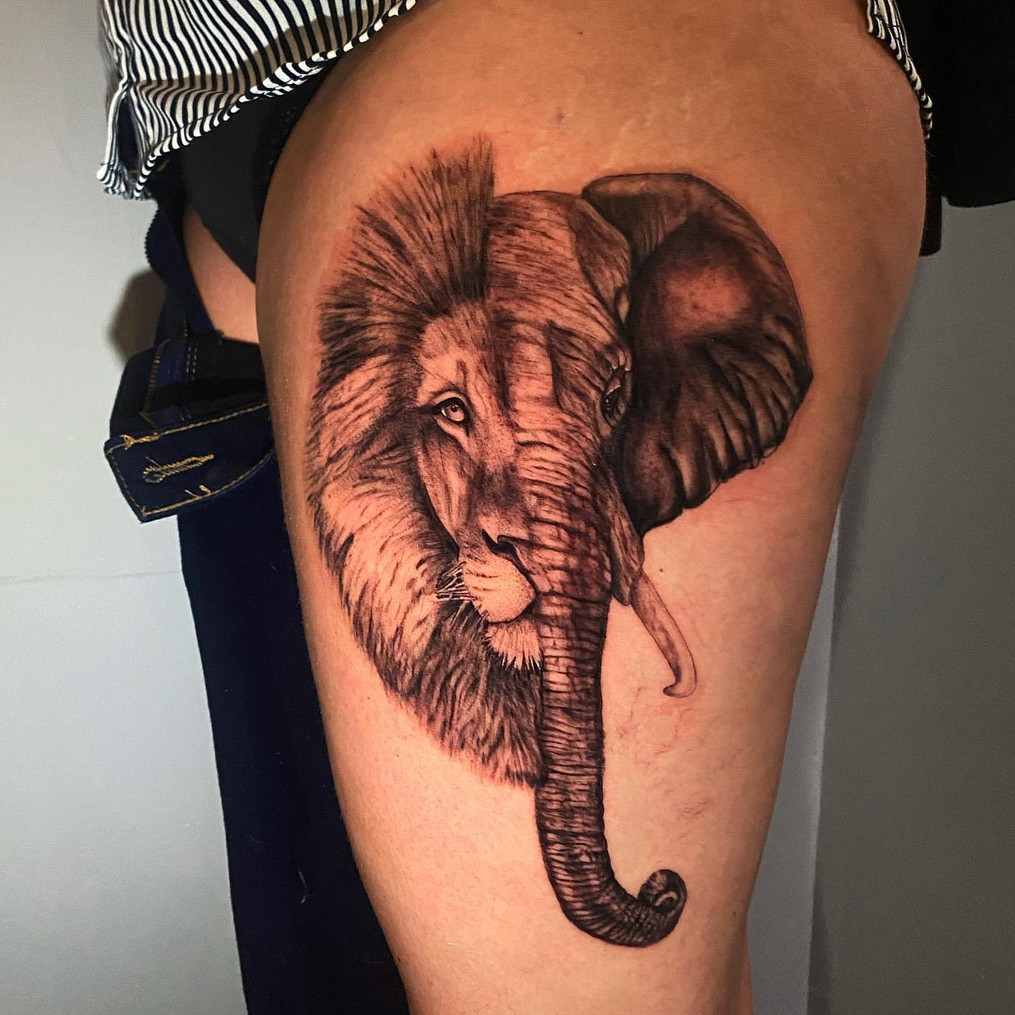 Elephant realism tattoo on the thigh by T, Saugus, Massachusetts